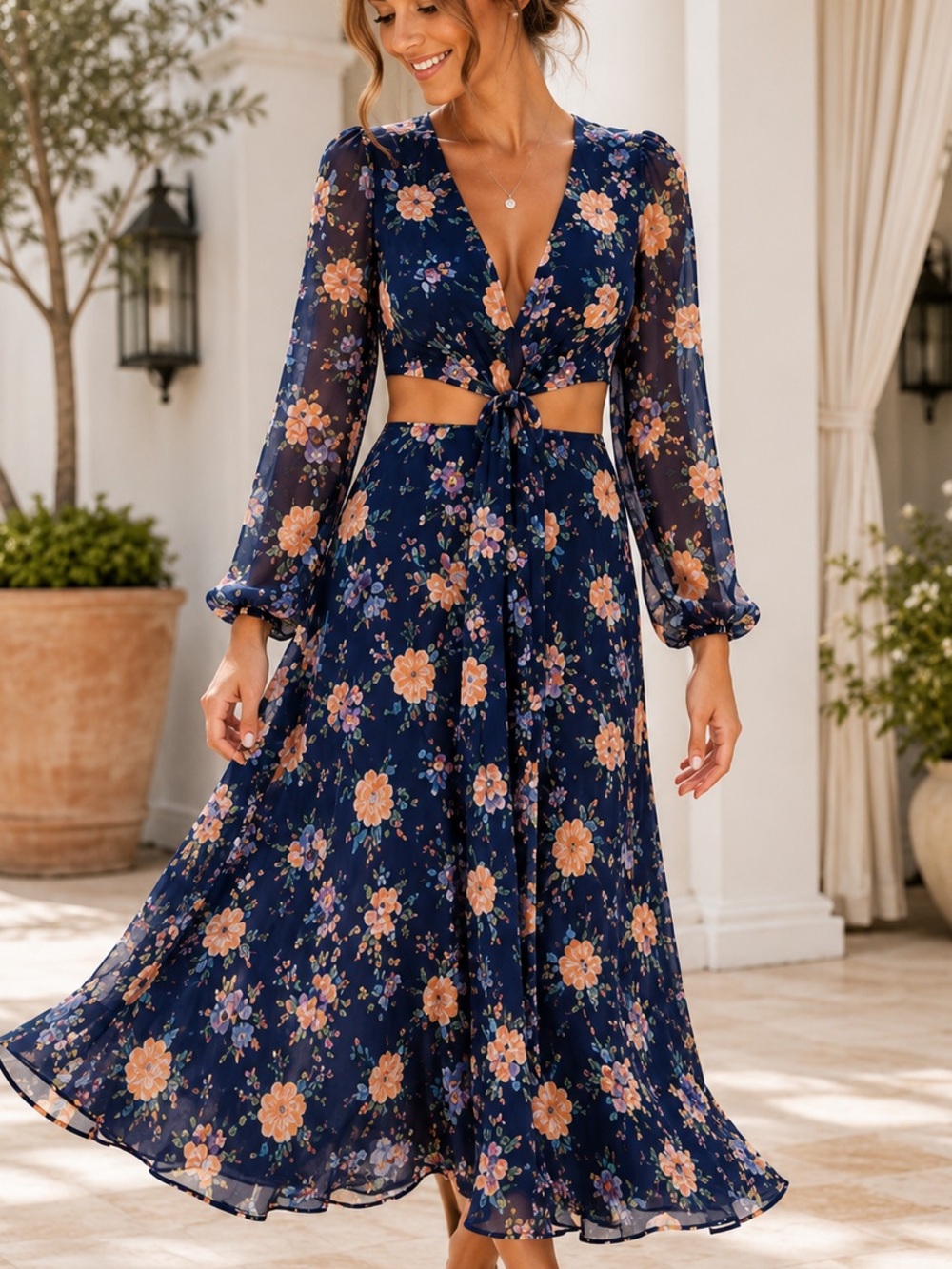 Yumi Kim Navy Floral Cutout Midi Dress XS Vacation Wedding Guest NWOT